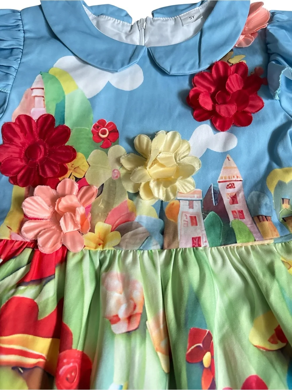 Girls Floral Castle Print Long Sleeve Dress with 3D Flower Appliqués - Size 5Y